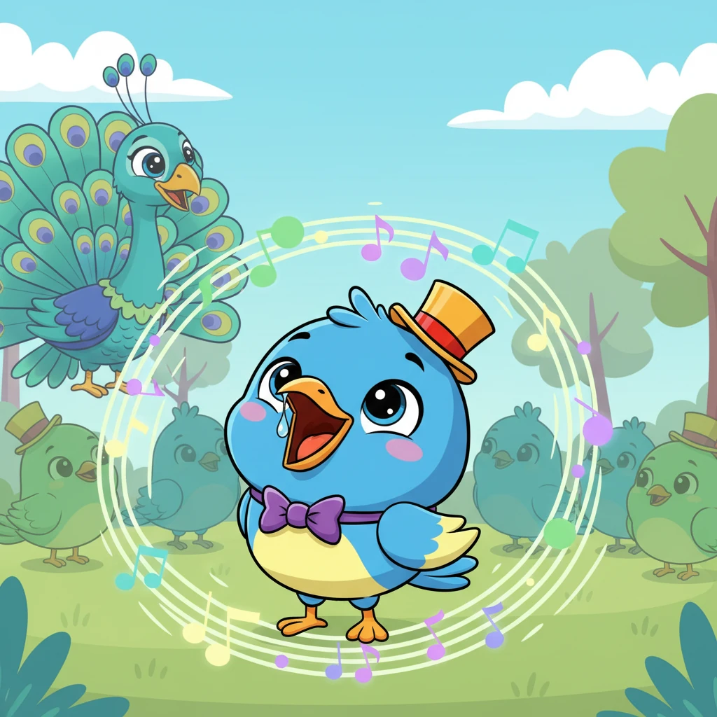 Pip, startled by the sudden silence, looked up, a tear still clinging to his beak. He realized the enchanting sound was coming from him! A bright smile spread across his face as he understood his true, unique talent was his magnificent voice.