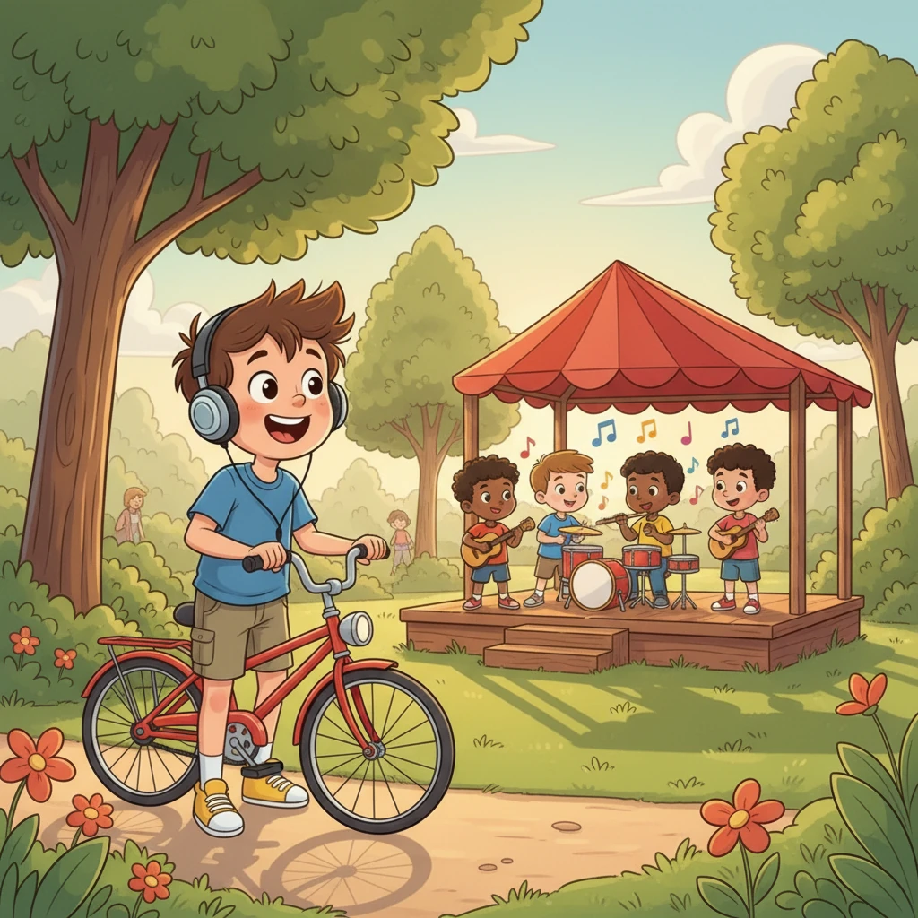 Mit Musik in den Ohren und dem Gefühl von Freiheit im Bauch, radelte Jan durch den Park. Er entdeckte eine kleine Bühne, auf der ein paar Kinder mit Instrumenten spielten. Neugierig blieb er stehen und lauschte der fröhlichen Musik.