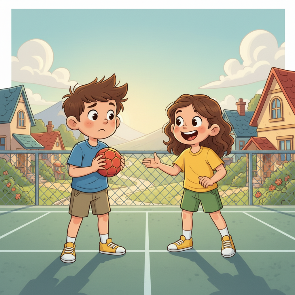 Am nächsten Tag traf Jan Mira, ein Mädchen mit einem breiten Lächeln, das ihn zum Handballspielen einlud. Zuerst war er etwas unsicher, aber Mira ermutigte ihn und schon bald hatten beide Spaß beim Werfen und Fangen des Balles.