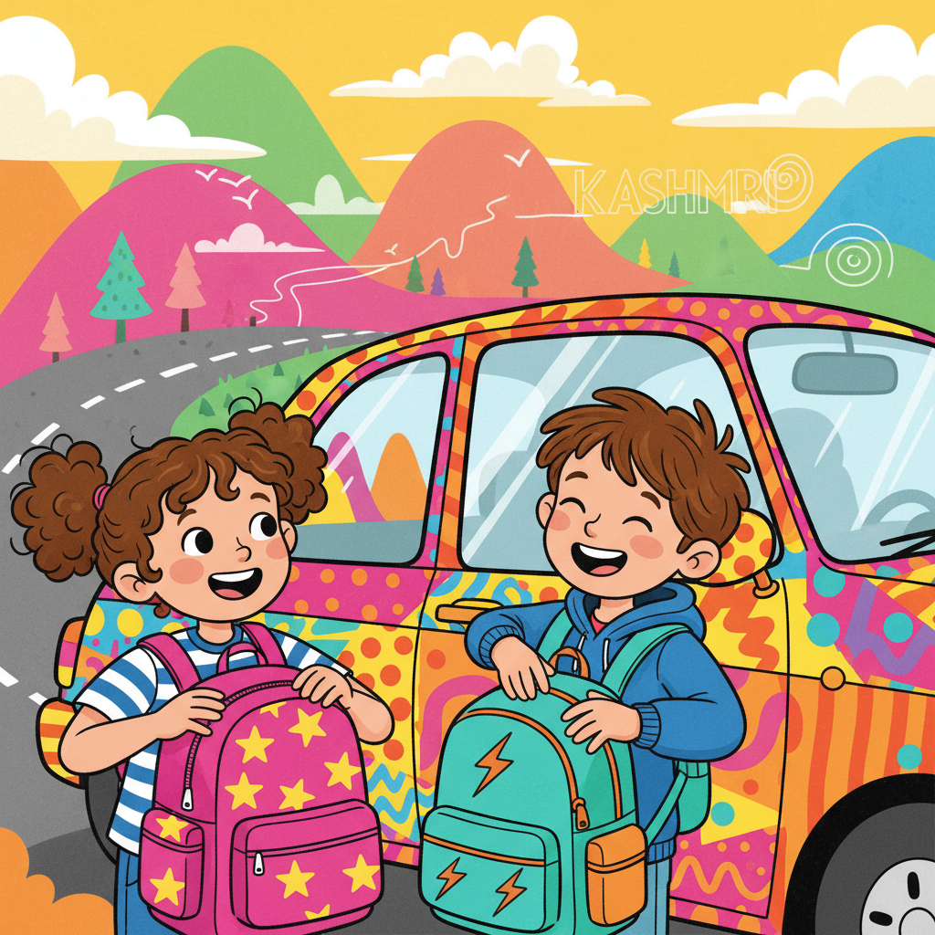 Kiara and Kabir, brimming with excitement, packed their vibrant backpacks. Their car, a colorful explosion of pop art, was ready for the journey. The anticipation of their first road trip to Kashmir filled the air with glee.