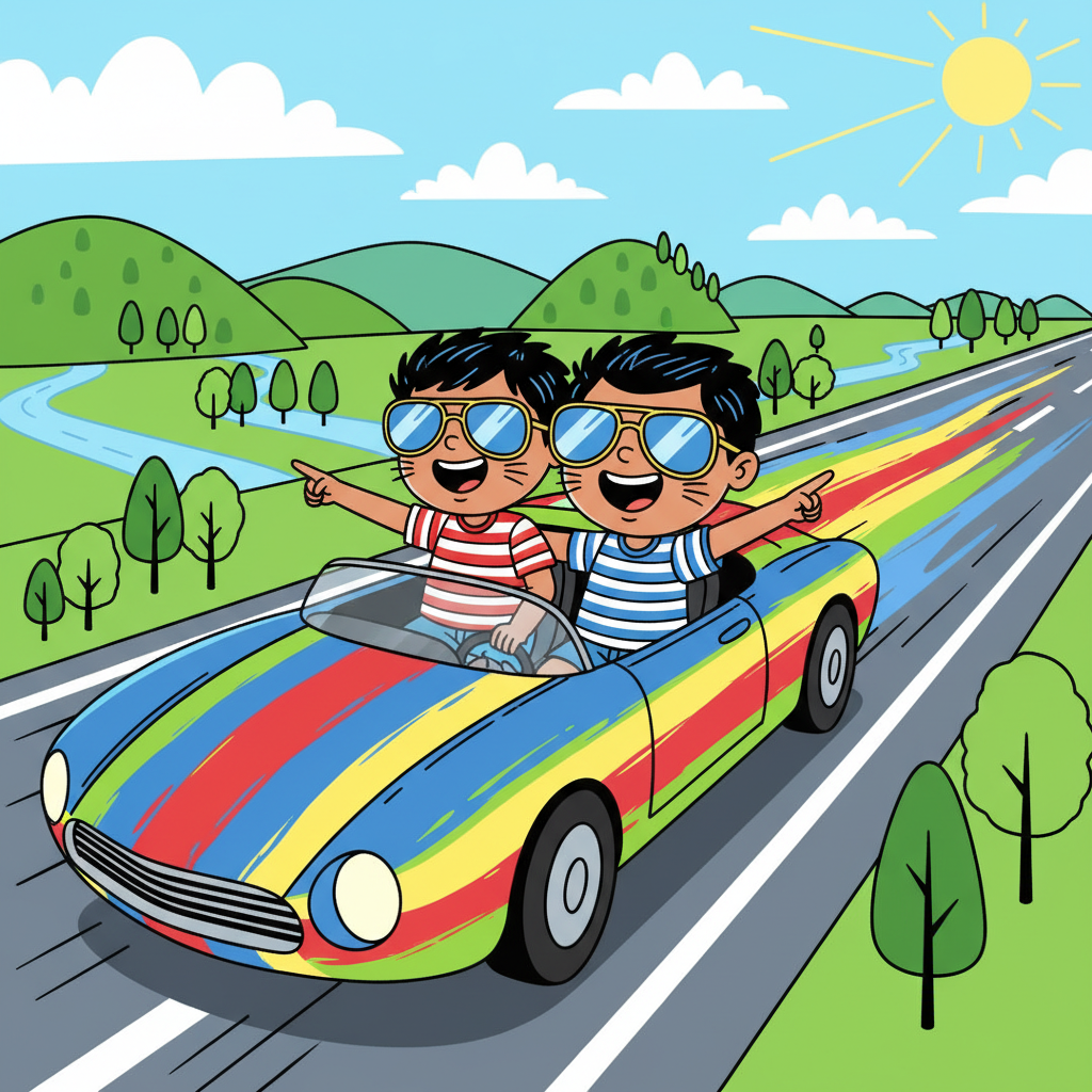 The car zoomed along the highway, a streak of bright colors against the clear blue sky. Kiara and Kabir, wearing matching sunglasses, pointed at the passing landscapes. Their faces reflected pure, unadulterated happiness.