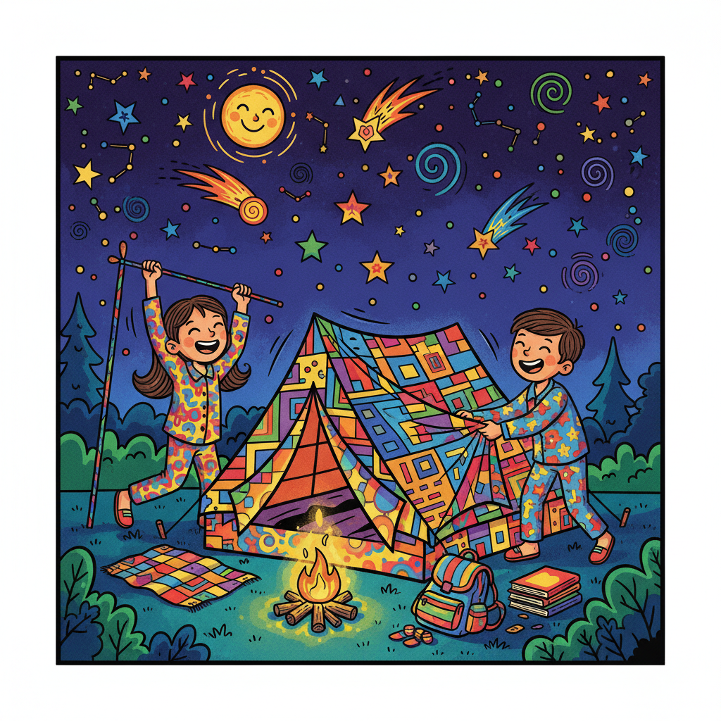 Kiara and Kabir set up their tent under a canopy of stars. The pop-art style tent, a beacon of color, stood out against the dark backdrop. They shared stories, laughter, and the thrill of their first night camping.