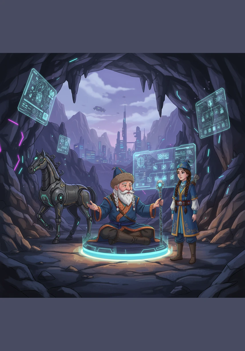 Тұлпар оларды биік шыңдағы үңгірге жеткізеді, онда дана Ақсақал тұрады. Қария балаларға жеті атасын білу мен ата-баба аманатын сақтаудың маңыздылығын түсіндіреді.