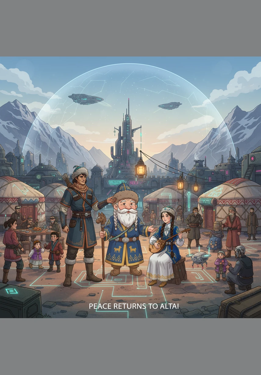 Содан бері Алтайдың ауылында тыныштық пен бақыт орнапты. Нағыз қазына алтын емес, жүректегі ұлттық құндылықтар мен өзара сыйластық екенін бәрі түсінеді.