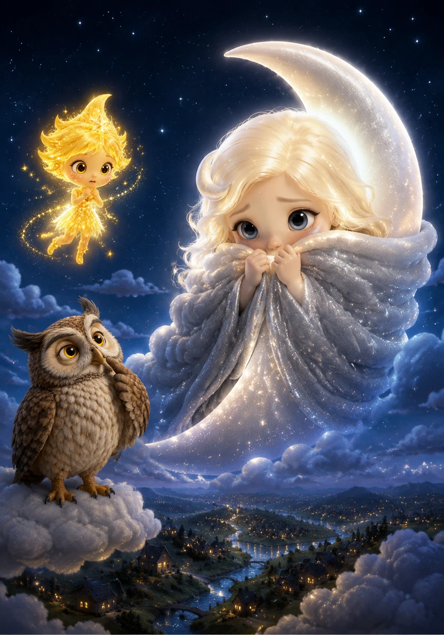 High above the sleeping world, Luna the Moon shone with a soft, pearly light, but she suddenly felt a wave of shyness when she realized the whole world was watching her. She blushed a deep shade of silver and looked for a place to hide her glowing face.