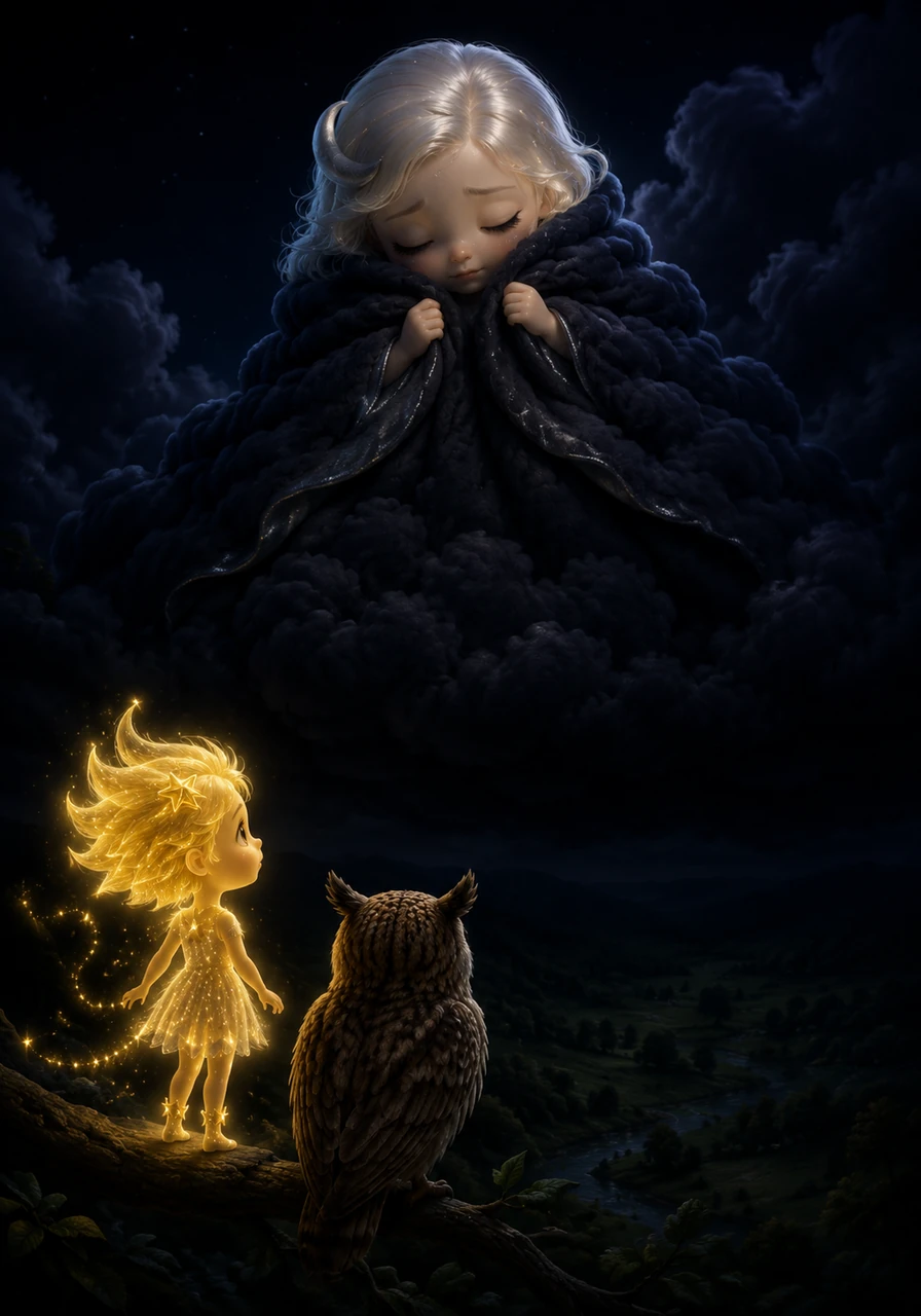 With a quiet sigh, Luna pulled a heavy blanket of thick, velvet clouds over her shoulders, disappearing completely from the night sky. Below, the forests and fields fell into deep shadow, and the night became very, very dark.
