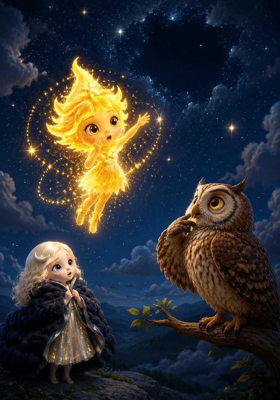 Stella, the brightest little star in the sky, noticed the sudden darkness and looked around for her friend. She twinkled frantically, signaling to the other stars that the Moon had vanished from her usual spot.