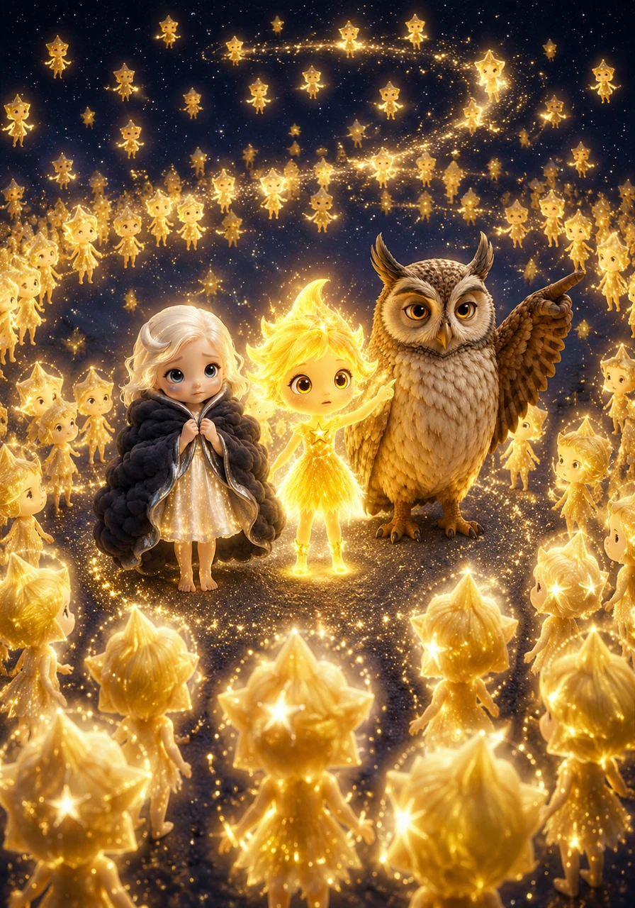 Thousands of tiny stars gathered in a shimmering cosmic circle, their lights flickering with worry as they whispered to one another. They decided to form a grand search party, lighting up their brightest sparks to find where Luna had gone.