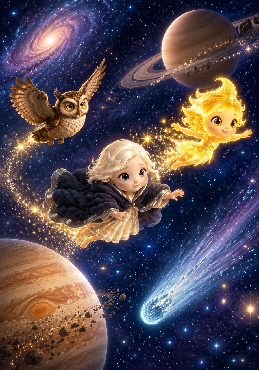 The stars zoomed through the Milky Way like tiny glowing bees, checking behind giant planets and under the long, icy tails of passing comets. They left trails of sparkling stardust as they raced across the vast, indigo expanse of the universe.