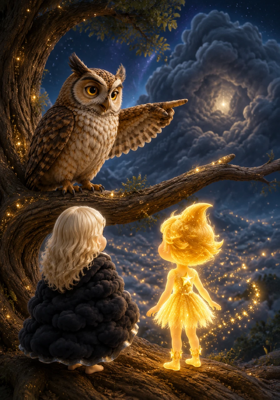 They visited the Wise Old Owl who sat upon a branch of the Great Cosmic Tree, asking if he had seen their friend. The owl pointed his wing toward a cluster of thick, puffy storm clouds, whispering that he had seen a faint, shy glimmer hiding there.