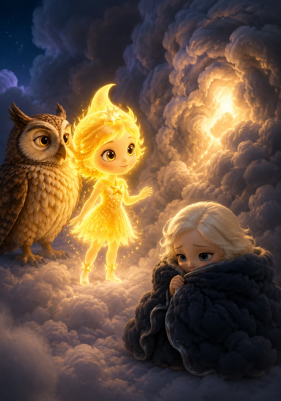 Stella led the group to the edge of the dark clouds, where they noticed a soft, rhythmic pulsing of light deep within the mist. Luna was curled up tight, holding the clouds close and hoping that no one would notice her.
