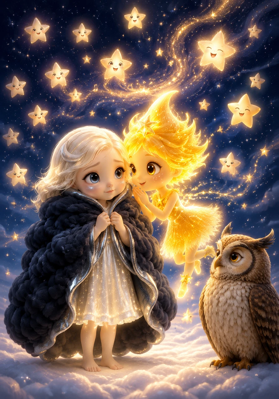 Instead of being upset, the stars began to sing a gentle, twinkling melody that echoed through the heavens, telling Luna how much they missed her beautiful glow. Stella drifted closer, whispering that Luna's light was the heart of the night and that they loved her just as she was.