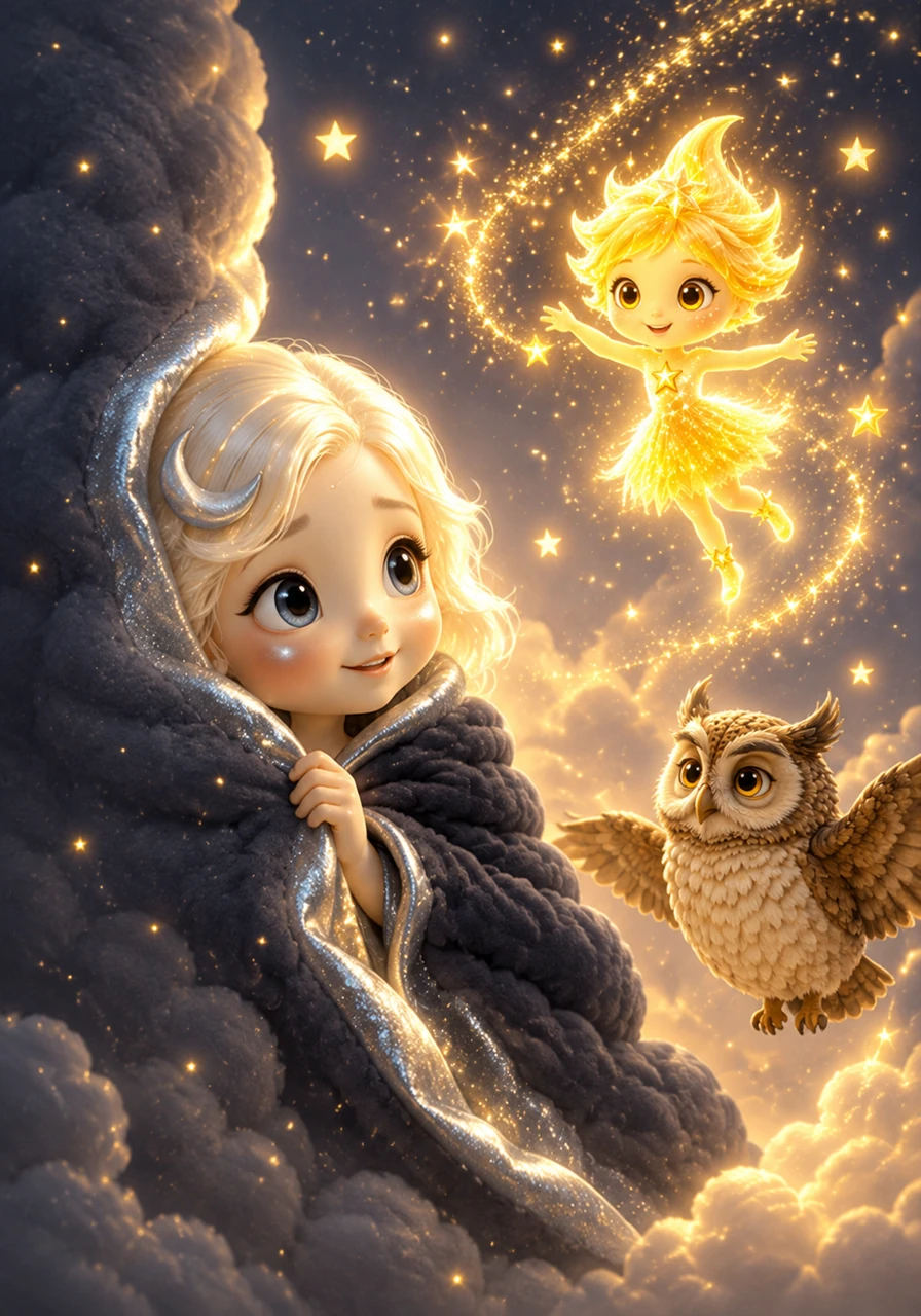 Hearing the kind words of her friends, Luna slowly peeked out from behind the silver lining of the cloud's edge. She saw the stars dancing and spinning just for her, and her shyness began to melt away into a warm, happy radiance.