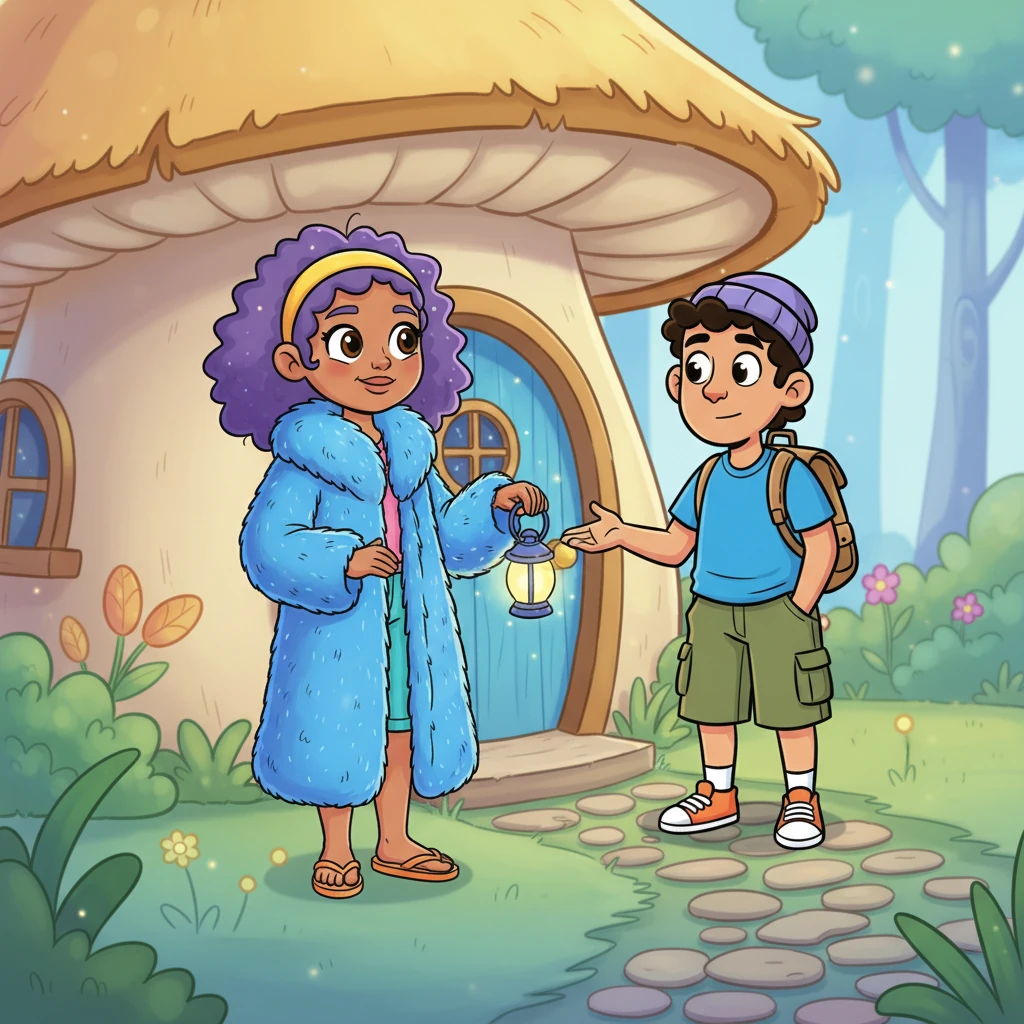 Arthur, a man of simple routines, found himself at the threshold of a whimsical cottage, its door adorned with shimmering, soft fur. He was greeted by Sylvie, a woman whose vibrant blue fur coat seemed to dance around her with a life of its own. Her eyes sparkled with an unusual, mischievous light, hinting at secrets untold.