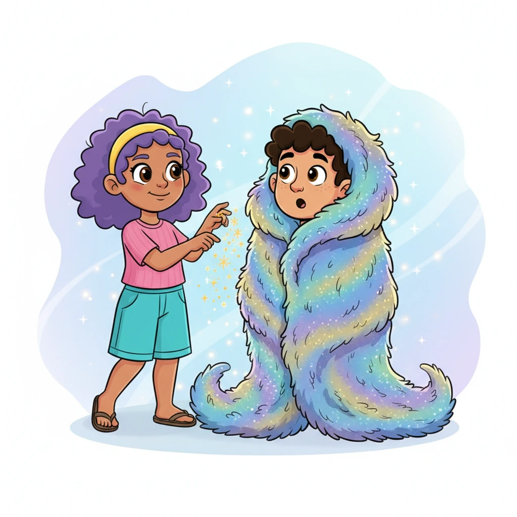 Arthur stared in wide-eyed wonder at the luxurious fur now swirling around him, a cloak spun from pure magic. Sylvie, with another playful flick of her wrist, caused his ordinary clothes to vanish in a puff of sparkling dust. He was now entirely enveloped in the wondrous, soft fur, a magical cocoon.