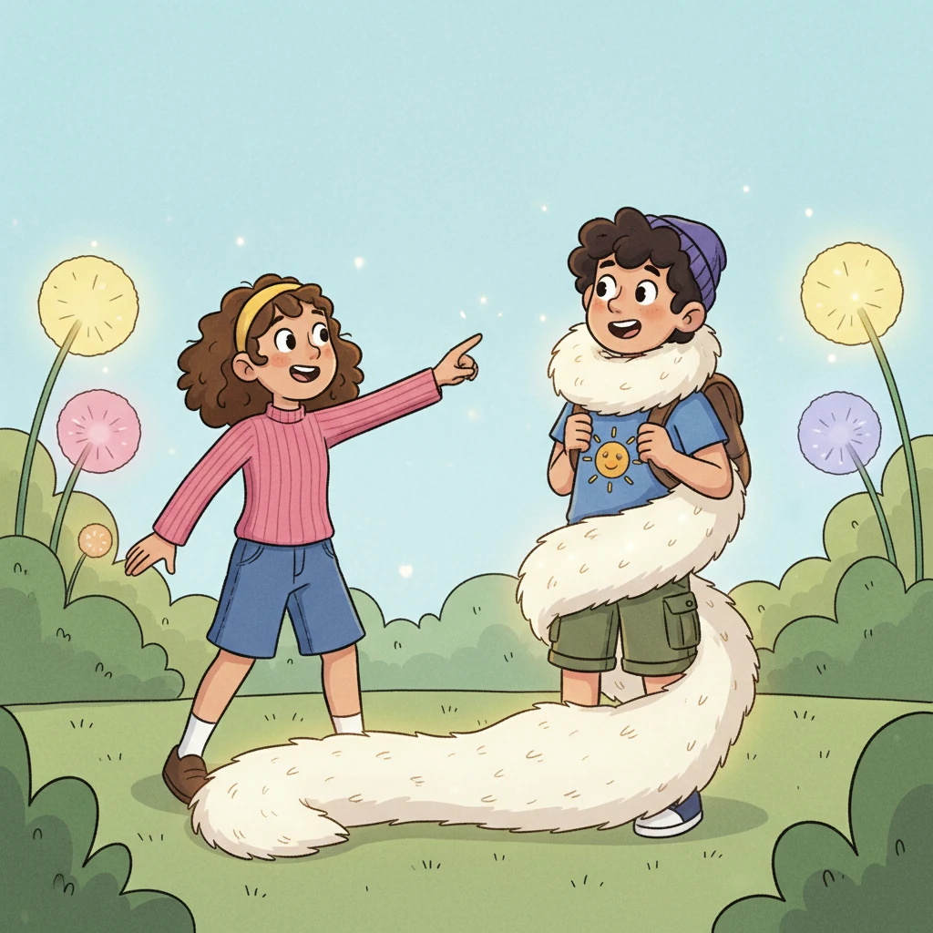 Sylvie flicked her wrist once more, her movements light and full of mirth. The fur boa at Arthur's feet sprang to life, playfully wrapping itself around him. It ascended swiftly, cocooning him from his neck downwards in its soft, magical embrace, leaving only his head and a radiant glow exposed.