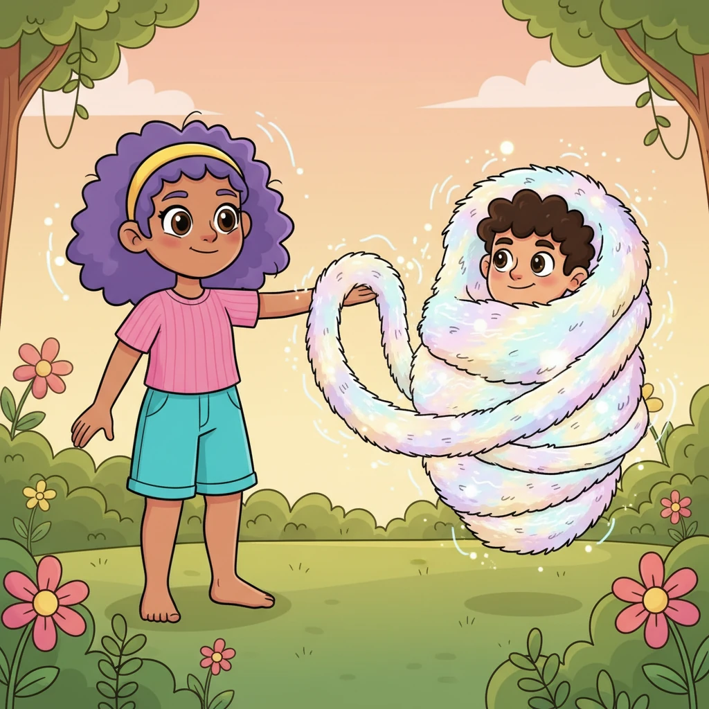 A new, shimmering fur ribbon materialized from Sylvie's outstretched hand, swirling with an ethereal light. It gracefully intertwined with the fur cocooning Arthur, creating a magical tether between them. The air around them crackled with delightful, unseen energy.