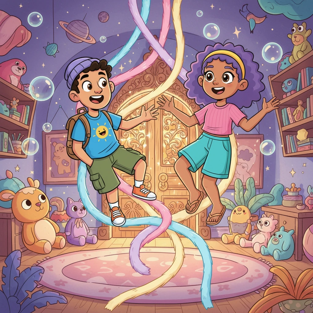 The magical fur ribbons, now connected, lifted both Arthur and Sylvie effortlessly into the air. They floated together, light as feathers, drifting towards a hidden, ornate door that shimmered invitingly at the back of Sylvie's wondrous room, disappearing from view.