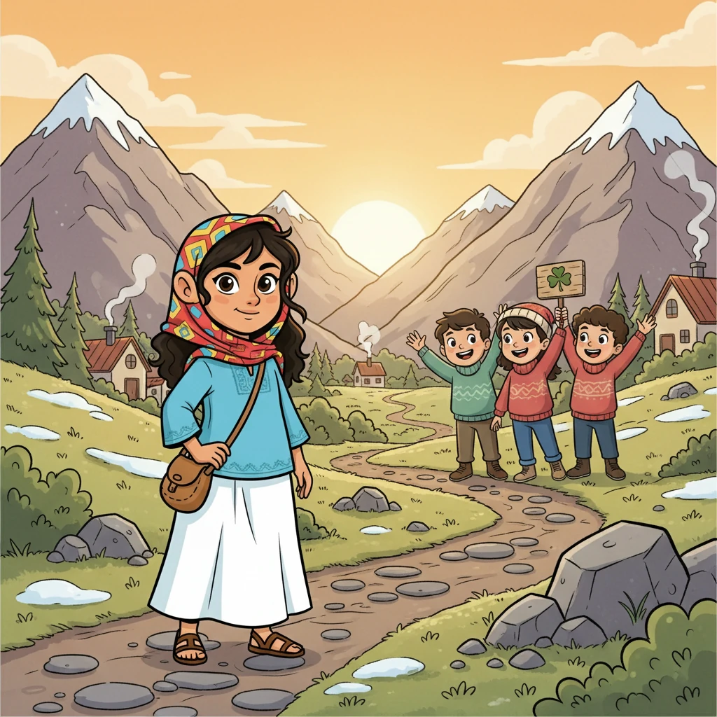 The sun rose over the snow-capped peaks as Pamuk set out on her quest. Her ears perked up, her eyes scanning every rock and bush. The village children waved goodbye, wishing her luck on her journey to find her lost item.