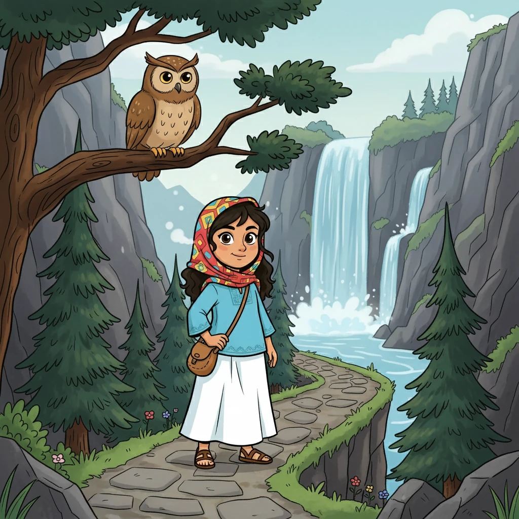 Pamuk followed a winding mountain path, the air growing crisp and cool. Along the way, she met a wise old owl perched on a branch. The owl told her she might find the scarf near the rushing waterfalls.