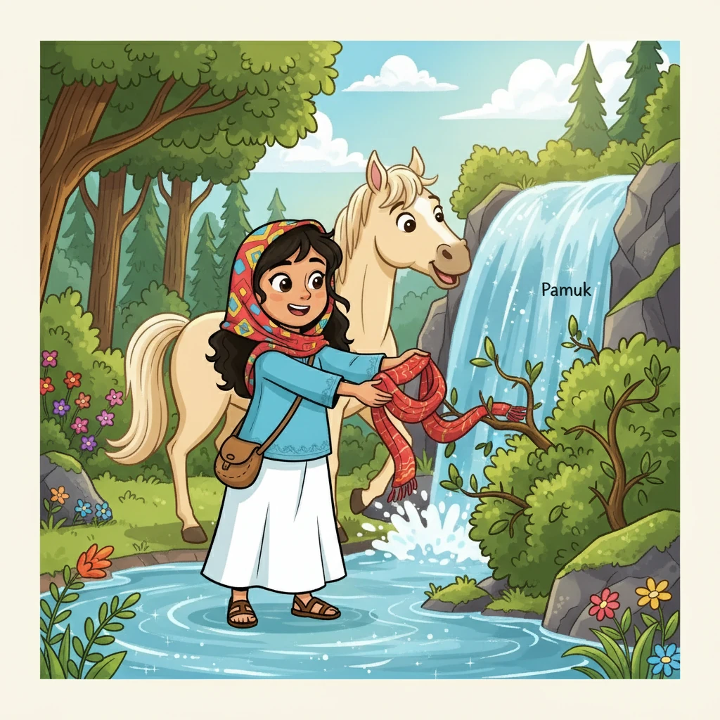 Finally, near a sparkling waterfall, she spotted it! Her red scarf, caught on a thorny bush. With a joyful neigh, Pamuk gently retrieved her treasure.