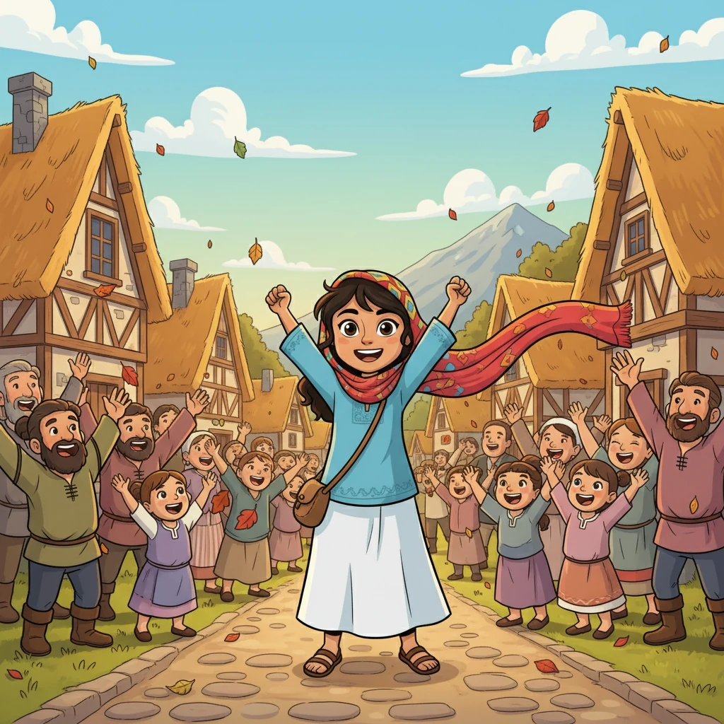 Pamuk, her heart full, triumphantly returned to her village, the red scarf waving in the wind. She was greeted with cheers, proving that courage, and a bit of perseverance, can conquer any challenge.