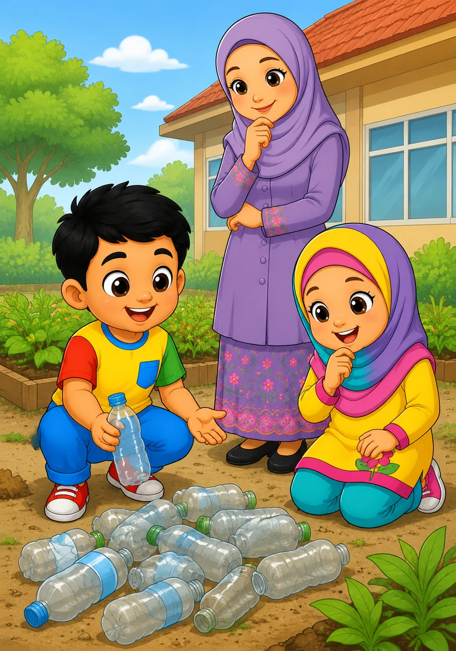 Muhayseen and Nur-Aisah find a pile of discarded plastic bottles near the school garden and decide they are too useful to be thrown away.