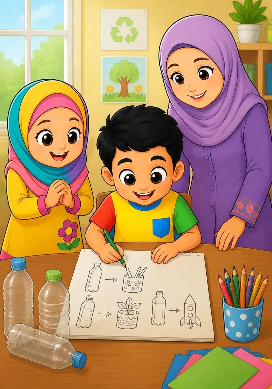 Muhayseen sits down with his notebook and draws a plan, sketching out how the bottles will soon transform into new treasures.