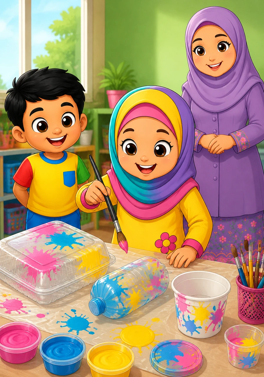 Nur-Aisah puts on her favorite hijab and picks up a paintbrush, ready to add splashes of bright pink, blue, and yellow to the plastic surfaces.