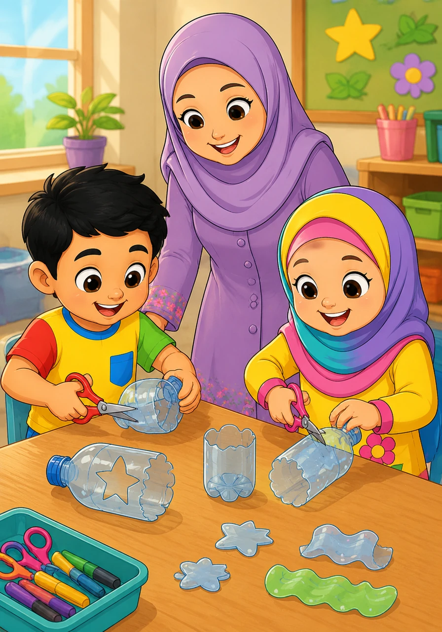 With careful hands and big smiles, the children start cutting and shaping the bottles into fun designs like stars and waves.