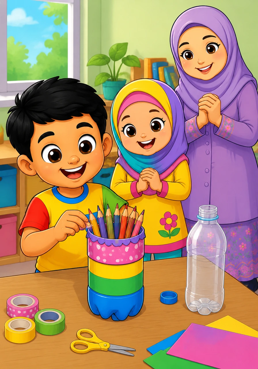 Muhayseen uses his favorite colors to turn a large bottle into a sturdy and cool holder for all his school pencils.