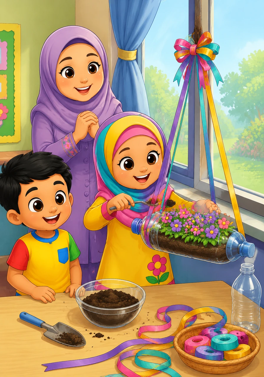 Nur-Aisah adds colorful ribbons and some rich soil to her bottle, creating a beautiful hanging garden for their classroom window.
