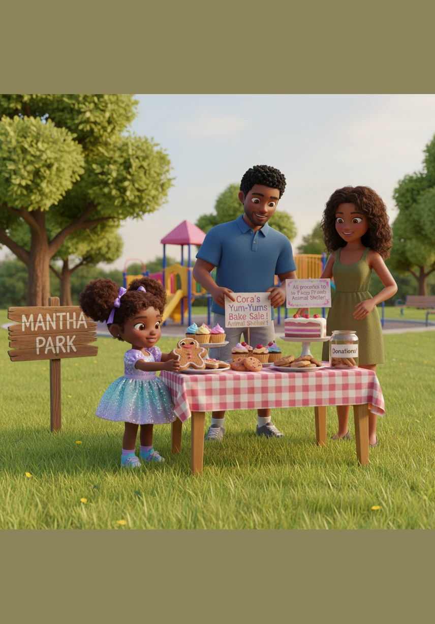 At Mantha Park, Cora and her parents set up a beautiful celebration under the shade of a large, leafy oak tree. They hang colorful banners and lay out sparkling tablecloths, transforming the picnic area into a pop-star wonderland filled with balloons.