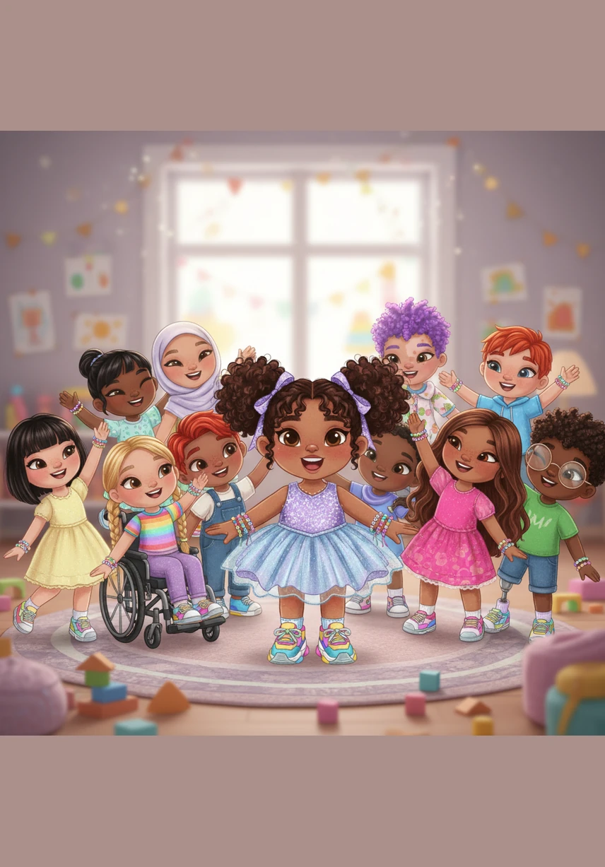 Focused and happy, the girls carefully pick out letters to spell their names and favorite song titles. Cora helps her friends tie the perfect knots, her hands moving skillfully through the sea of glittery beads as they share stories and laughs.