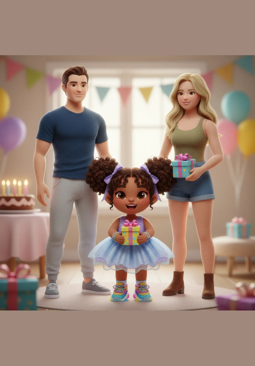 Cora’s parents bring out a magnificent birthday cake decorated with edible glitter and a tiny golden guitar topper. Everyone gathers around in a circle to sing a spirited version of Happy Birthday while Cora glows with joy.