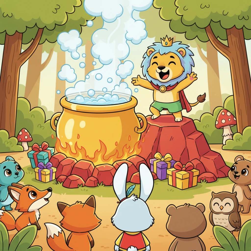 Орманның қақ ортасында Арыстан патша салтанатты түрде үлкен жарыс жариялады. Ол қып-қызыл шоқта тұрған үлкен қазанды көрсетіп, ерекше сыйлықтар уәде етті. Қазанның ішінде буы бұрқыраған қайнап тұрған су бар еді.