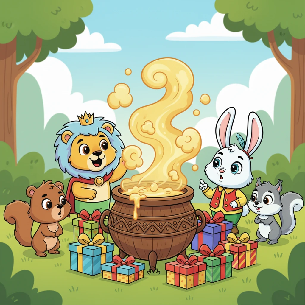 Көптеген сыйлықтарға қызыққан орман жануарлары бірінен соң бірі келді. Олар өз бақтарын сынап көргісі келді. Бірақ қайнап тұрған судың ыстығына ешкімнің батылы бармады.