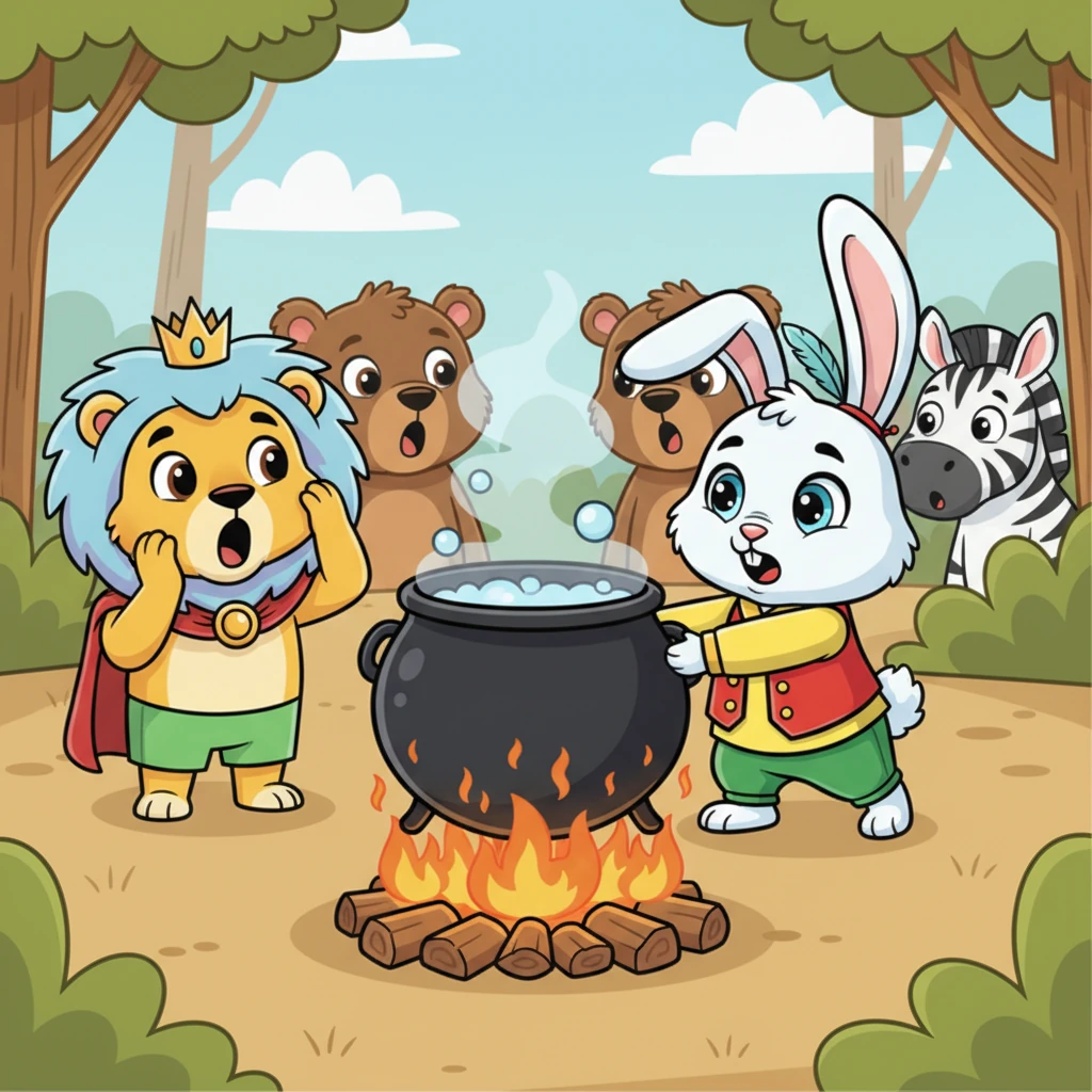 Тапқыр Қоян еш ойланбастан қайнап тұрған қазанды шоқтың үстінен көтеріп алды. Оның кішкентай, бірақ мықты табандары оны оңай көтерді. Аңдар таң қалып қарап қалды.