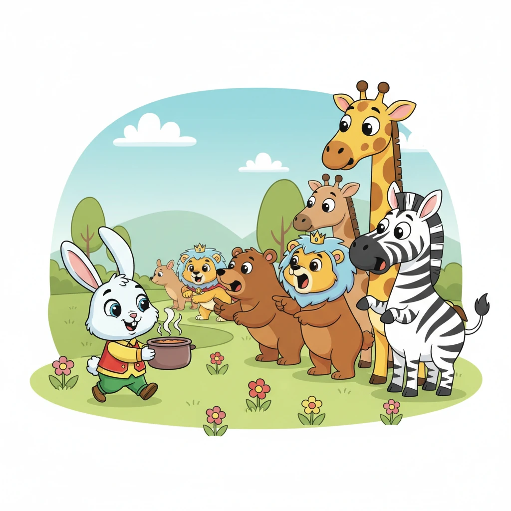 Тапқыр Қоян ұзыннан-ұзақ қаз-қатар тізіліп тұрған аңдарды жағалай жүрді. Ол қазанды әрқайсысына көрсетіп: "Мінеки, достарым, мынау ыстық су. Көздеріңмен көріңдер, сенбестік танытпаңдар!" деді.