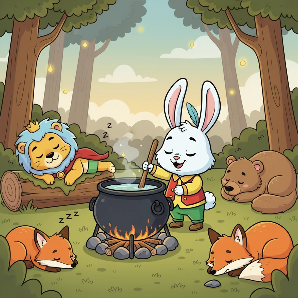 Қоян аңдарды басынан аяғына дейін аралап шыққанша, қазандағы су суып қалды. Буы бұрқырап тұрған су енді тек жылы ғана еді. Ешкім де оның айласын байқамады.