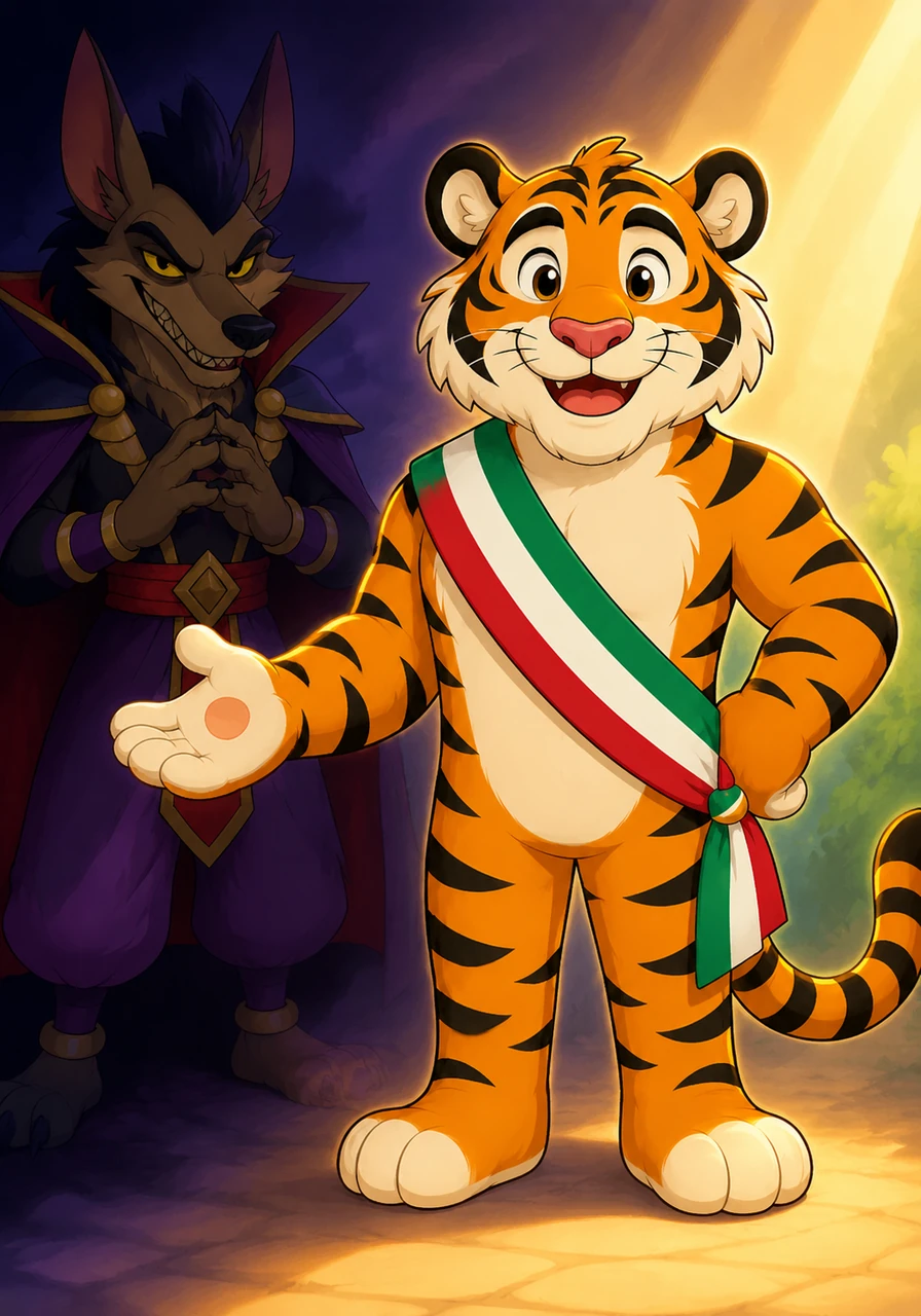 El candidato favorito de todos era un tigre muy bondadoso y sonriente que prometía cuidar y amar a cada niño por igual. En contraste, el malvado chacal observaba desde las sombras con una sonrisa maliciosa, planeando arruinar la felicidad de los pequeños.