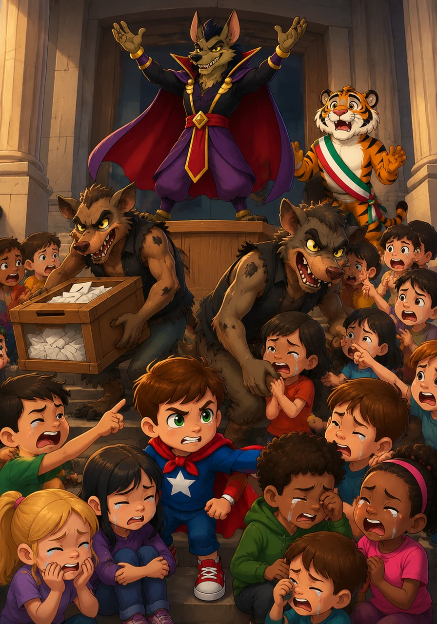Cuando el tigre ganó la votación, los malvados secuaces del chacal corrieron a ocultarse entre la multitud y se robaron la caja que contenía todos los votos de los niños. El malvado chacal se proclamó ganador falsamente, dejando a todos los niños tristes, asustados y llorando por su futuro.