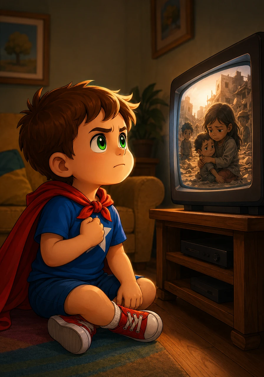 En su casa, Matías, un hermoso niño de tres años con nobles ojos verdes, vio las terribles noticias en la televisión. Al ver la injusticia y la tristeza de los niños, sintió una gran fuerza en su noble corazón y supo que debía ayudar.