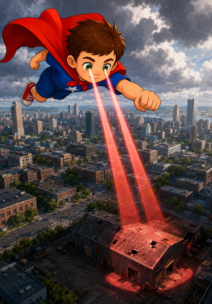 Matías se transformó en Súper Matías al abrocharse su brillante capa roja y salir volando por la ventana hacia los cielos nublados de la ciudad. Con su poderosa vista de superhéroe, escaneó cada rincón hasta divisar una bodega abandonada y oscura donde los villanos se escondían.