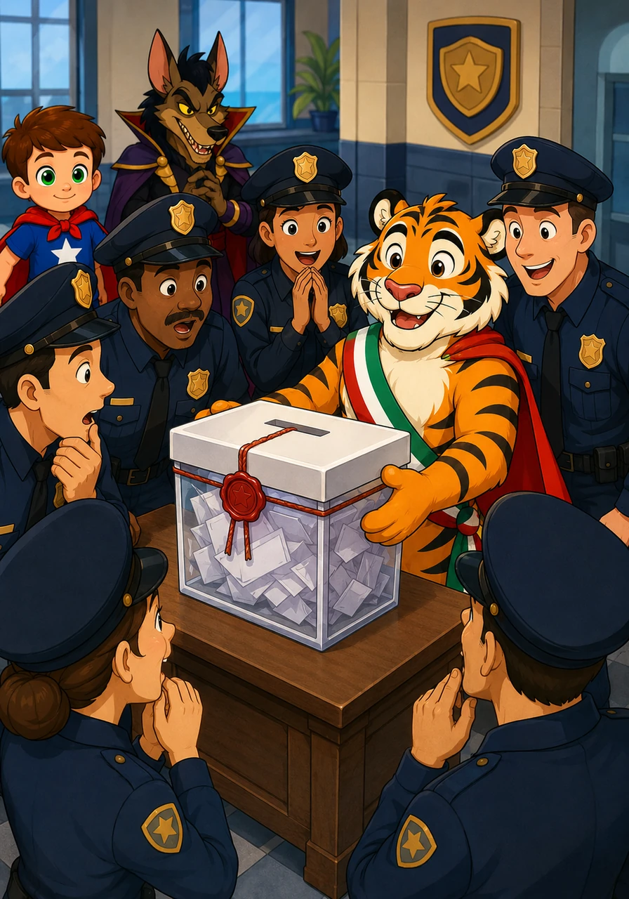 Súper Matías voló rápidamente hacia la estación central de policía para entregar la caja intacta llena de votos. Los oficiales, asombrados por su valentía, revisaron el conteo y confirmaron de inmediato que el tierno tigre era el verdadero presidente electo.