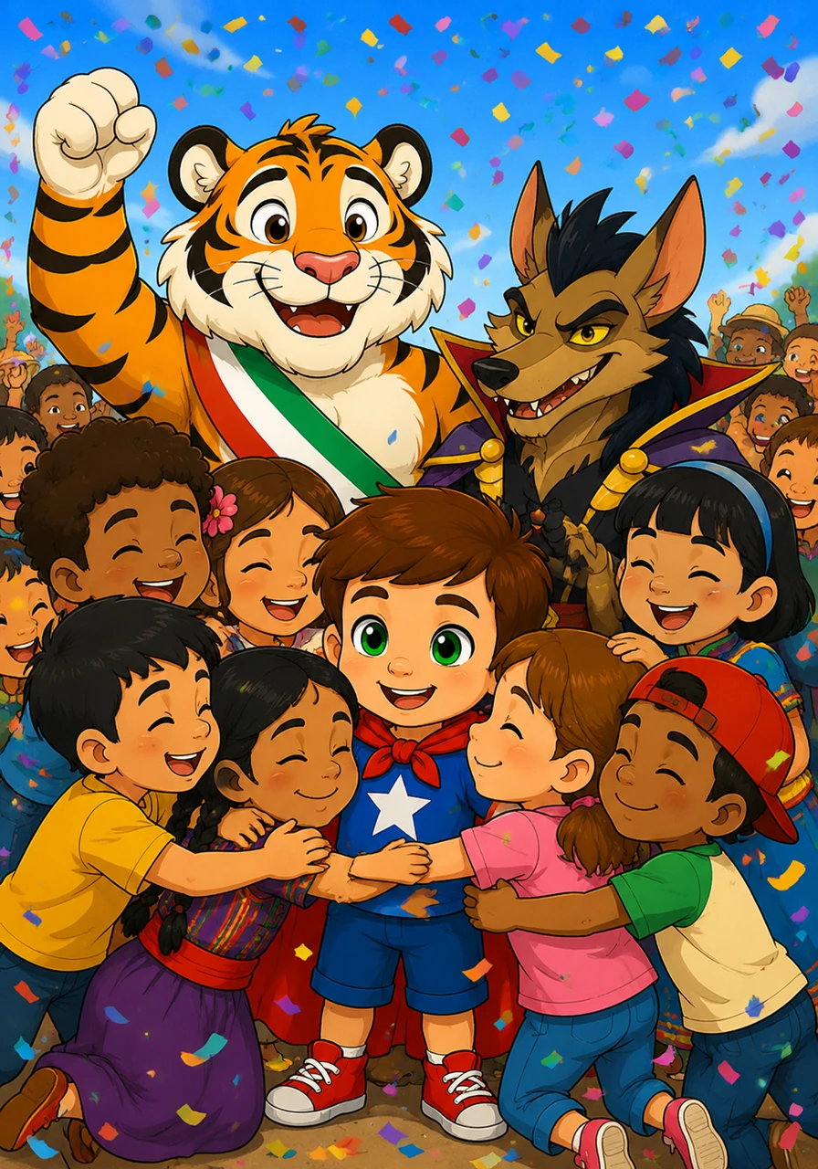 El gran tigre, luciendo su brillante banda presidencial, y todos los niños del país celebraron con alegría desbordante bajo un cielo lleno de confeti. Todos rodearon a Súper Matías con un tierno abrazo colectivo, agradeciéndole al pequeño héroe de ojos verdes por devolverles la felicidad.