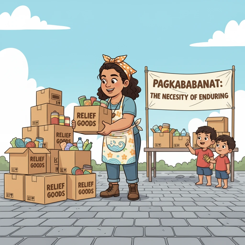 A cartoon style drawing of Ate Maya, a kind-looking woman with a warm smile, standing proudly beside neatly stacked boxes labeled 'Relief Goods'. The boxes are filled with various items, and a banner behind her reads 'Pagkababanat: The Necessity of Enduring'. The scene conveys a sense of organized effort and hope.