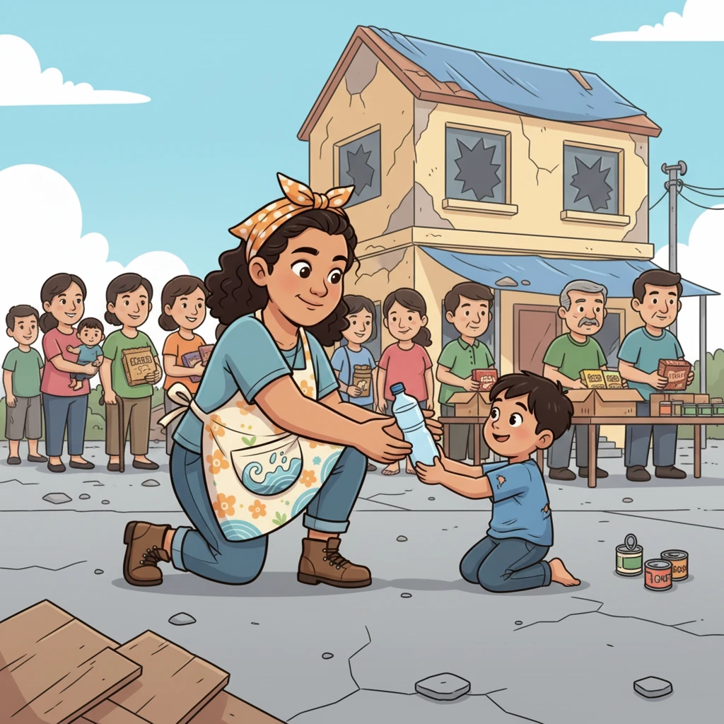 A cartoon style drawing of a bustling relief operation. Volunteers are handing out water bottles, biscuit packs, and canned goods to a line of grateful people. The background shows a slightly damaged building, hinting at an earthquake. The overall atmosphere is one of immediate, coordinated assistance.
