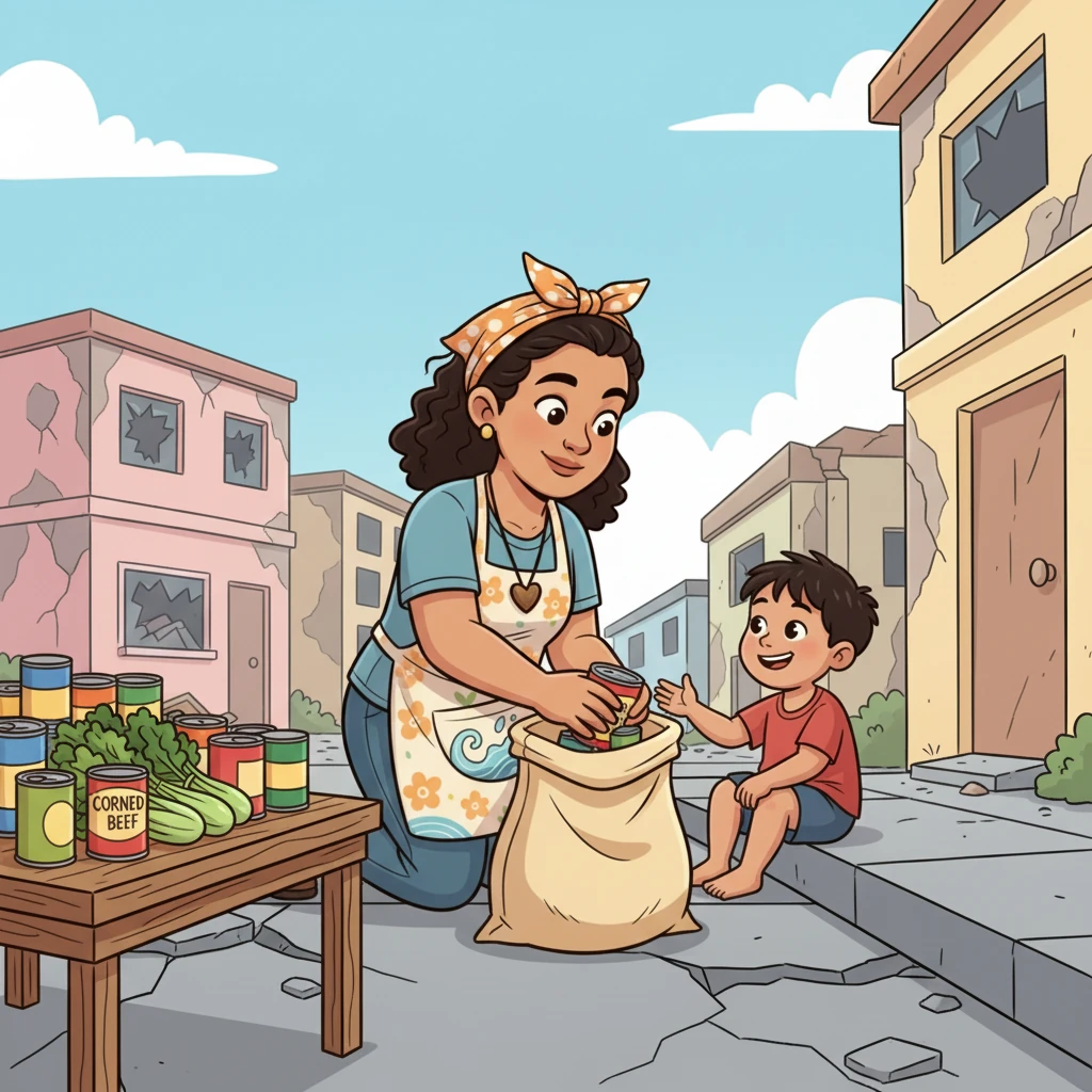 A cartoon style drawing of an organized relief distribution point. Volunteers are carefully placing bottled water, canned goods (like corned beef), and fresh vegetables into bags for affected families. The scene emphasizes the adaptive shift to more comprehensive nutritional support after a flood, with water marks visible on the walls of nearby cartoon houses.
