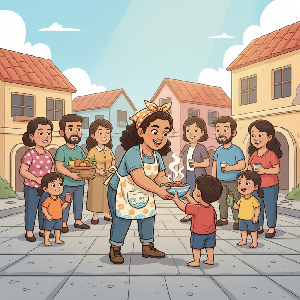A cartoon style drawing of a community working together. Ate Maya is smiling, surrounded by other volunteers and community members who are happily helping each other. They are all sharing food and resources, showcasing 'Bayanihan' (community spirit) and 'Pagkabukas-palad' (generosity). The sun shines brightly, symbolizing hope and collective spirit.